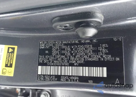 2013 Toyota Highlander Limited V6 z USA, uszkodzony, nr VIN 5TDDK3EHXDS187682